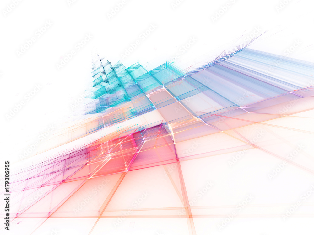 Poster Abstract multicolor background element on white. Fractal graphics series. Three-dimensional composition of repeating grids. Information technology concept.
