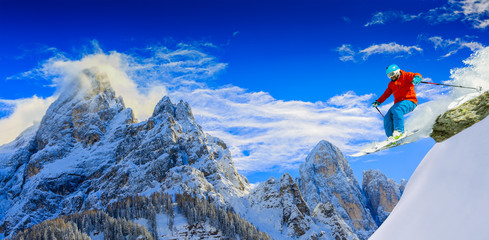 Skiing with amazing panorama of Pale di Sant Martino di Castrozza, Dolomites mountain, Italy - obrazy, fototapety, plakaty