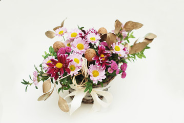 Bouquet or pink and Fucsia Arrangement of Crysanthemum Flowers on light background. Top View. Isolated.