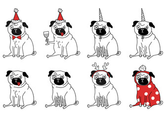 funny drawings of pugs. New Year pugs in different suits. Vector illustration