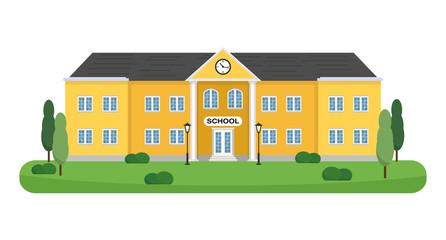 Big School building with trees, shrubs and lampposts vector illustration. Can be used for web banner, backdrop. Layout template.