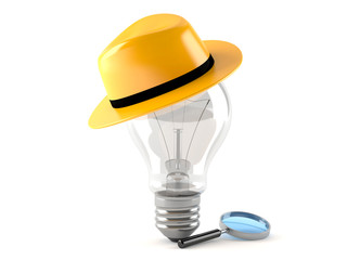 Lightbub with yellow hat and magnifying glass