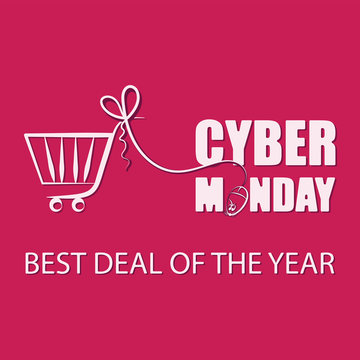 Cyber Monday. BEST DEAL OF THE YEAR. Sale. Background for Good Deal Promotion. Banner Cyber Monday and a shortcut for the website. A mouse for a PC with a shopping basket on a red background. 