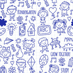Seamless pattern Kids drawing Kindergarten School Happy children play Illustration for kids Nursery Preschool Children icon
