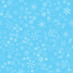 Christmas abstract background from white snowflakes on blue. Seamless pattern for design cards, posters, greeting for the new year.