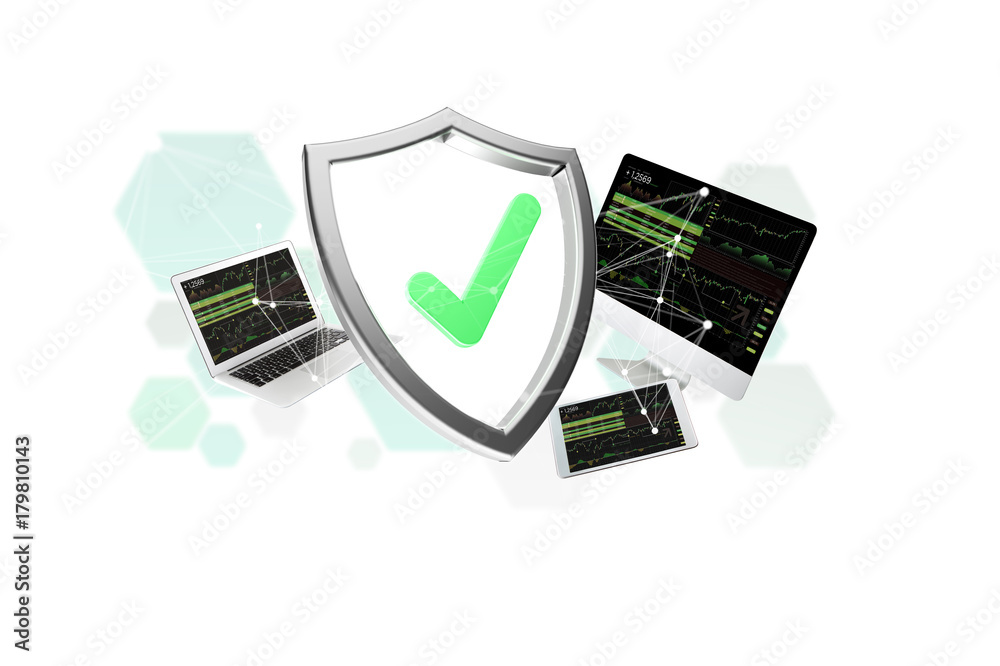 Poster shield symbol surrounded by devices and network displayed on a futuristic interface