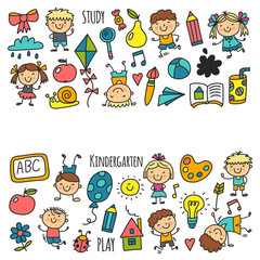 Kids drawing Kindergarten School Happy children play Illustration for kids Nursery Preschool Children icon