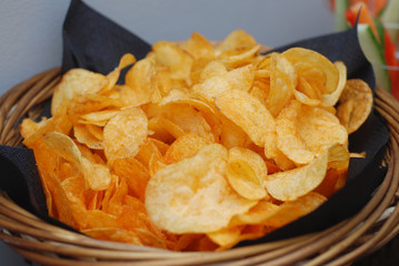 Tasty Potatoe Chips in Basket. Snack Bar. Food.