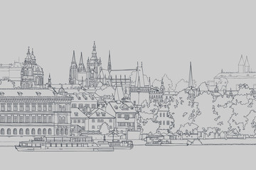 sketch view of old European city by the river