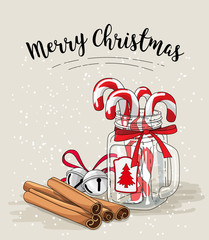 Cristmas still-life, candy canes in glass jar, cinnamon and jingle bells with text Merry Christmas, illustration