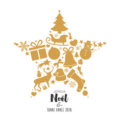 Carte avec étoile et décorations dorées