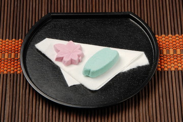 Traditional Japanese confectionery on plate 