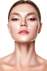 Beautiful woman portrait with fresh clear nude make up, healthy skin, skin care.