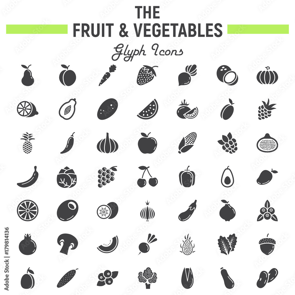 Wall mural fruit and vegetables glyph icon set, food symbols