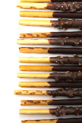 Chocolate Filled Biscuit Sticks on White Background