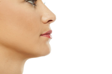 Nose, lips, and cheeks of young woman