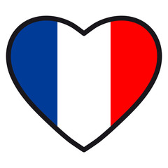 Flag of France in the shape of Heart with contrasting contour, symbol of love for his country, patriotism, icon for Independence Day.
