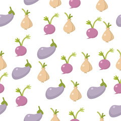 A seamless pattern of vegetables on a white background.