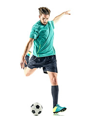 Obraz premium one caucasian soccer player man isolated on white background