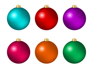 Set of six multicolored Christmas balls isolated on white. Vector illustration
