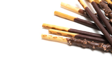 Chocolate Filled Biscuit Sticks on White Background