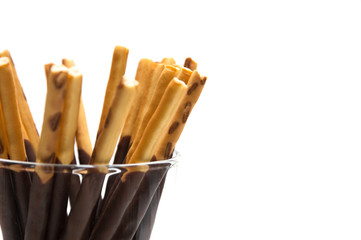 Chocolate Filled Biscuit Sticks on White Background