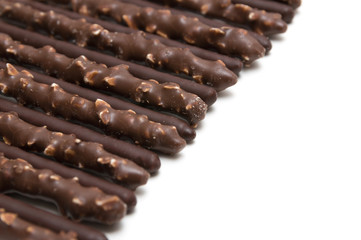 Chocolate Filled Biscuit Sticks on White Background