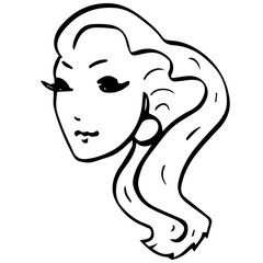Pretty female face with eyeliner, earrings, long wavy hairstyle. Adult. Makeup. Beautiful girl character for design, prints, posters, cards, banners, advertising, logos, illustration
