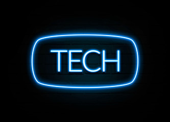 Tech  - colorful Neon Sign on brickwall