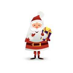 Santa Claus with gift and present box. Happy Christmas father cartoon character. Cute X-mas character for holiday design. New year Greeting Card for invitation, congratulation. Flat vector
