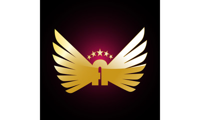 logotype, logo, emblem, label, symbol, brand name, wings, star