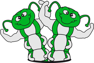 2 freunde team paar posen stark bodybuilder muskeln arme fitness training wurm aufrecht schnecke kriechen raupe schlange süß niedlich comic cartoon