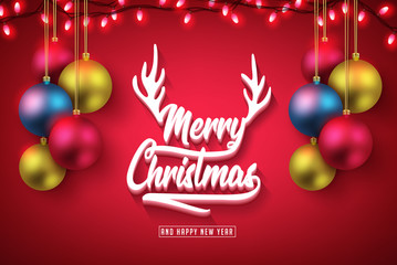 Merry Christmas 3D Typography and Happy New Year Realistic Red Banner with Christmas Balls and Christmas Red Lights for Holiday Season. Vector Illustration
