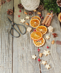 Christmas gingerbread cookies stars on a wooden table and cookie cutters, selective focus