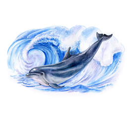 A dolphin realistic and  marine, wave. Watercolor. Illustration. Template. Handmade © Yuliia