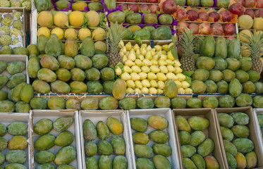 Mango, guava, melon, pineapple and pomegranate are displayed on the farm market. Fruit background. Healthy eating. Concept of autumn agricultural harvest (selective focus)