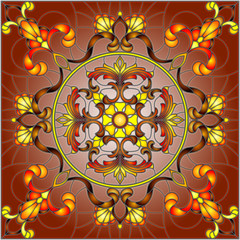 Illustration in stained glass style, square mirror image with floral ornaments and swirls on a Burgundy background