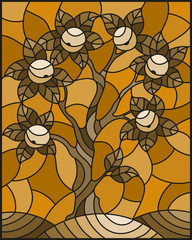 Illustration in stained glass style with an  apple tree standing alone on a hill against the sky,Sepia,monochrome