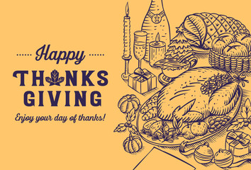 Hand drawn Thanksgiving dinner background, Vector Illustration