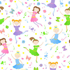 Seamless pattern on the theme of ballet and dance, cute girls dancers on a white background