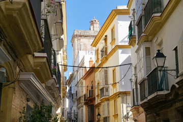 Typical street of Cadiz historic center, Spain