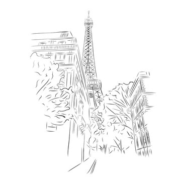 View of  Eiffel Tower from streets of Paris, France. Black and white vector sketch. Hand drawn vector illustration