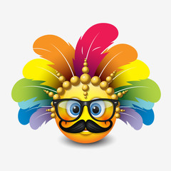 Cute hipster emoticon wearing eyeglasses, mustache and carnival headdress emoji