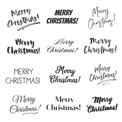 Merry Christmas greetings vector overlay set, hand lettering collection of various fonts, black and white text on white background