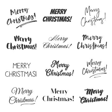 Merry Christmas greetings vector overlay set, hand lettering collection of various fonts, black and white text on white background
