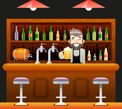 Barkeeper Pub Bar Restaurant Cafe Symbol Alcohol Beer House Interior Icon Background Concept Flat Design Template Vector Illustration