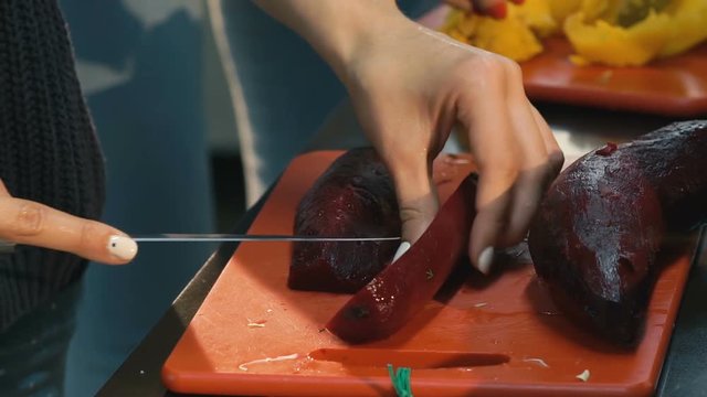 Close up slicing red beet