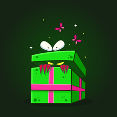 Vector color illustration of cartoon monster, who looking inside out gift box with face on dark background. Object image to create original web games, graphic design