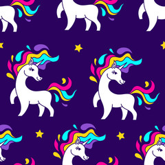 Fototapeta premium Unicorn pattern seamless vector on blue background .Vector pattern with cute unicorn.Magic space background with little unicorn.Baby wallpaper.White horse and pink colorful mane