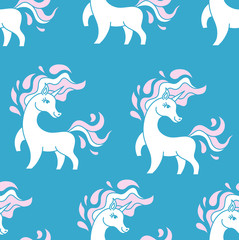 Unicorn pattern seamless vector on blue background .Vector pattern with cute unicorn.Magic cosmic background with little unicorn.Baby wallpaper. White horse and pink mane